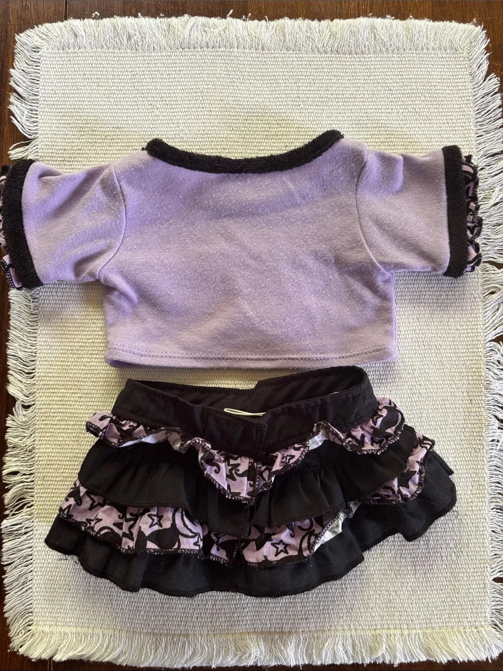 Build-A-Bear Workshop outfit lavender top w/ black cat & black ruffled skirt